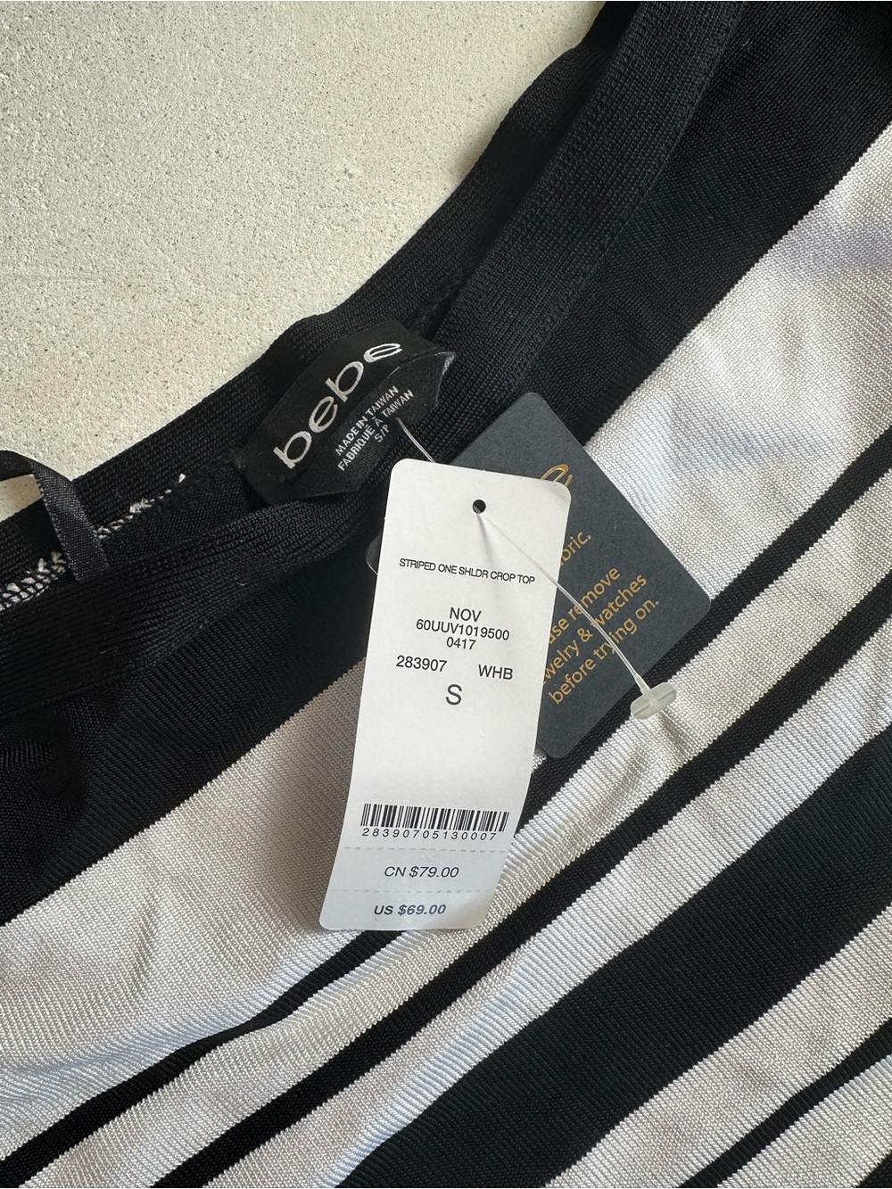 Authentic bebe Black & White One-Shoulder Wrap Crop Top - Picture 2 of 7